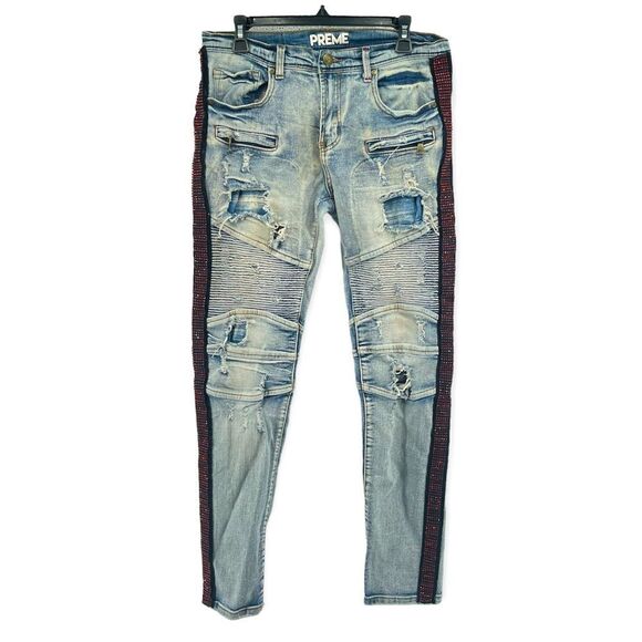 Preme Men’s Light Wash Rhinestone Side Stripe Moto Denim Skinny Jeans Size 32 - Picture 1 of 17